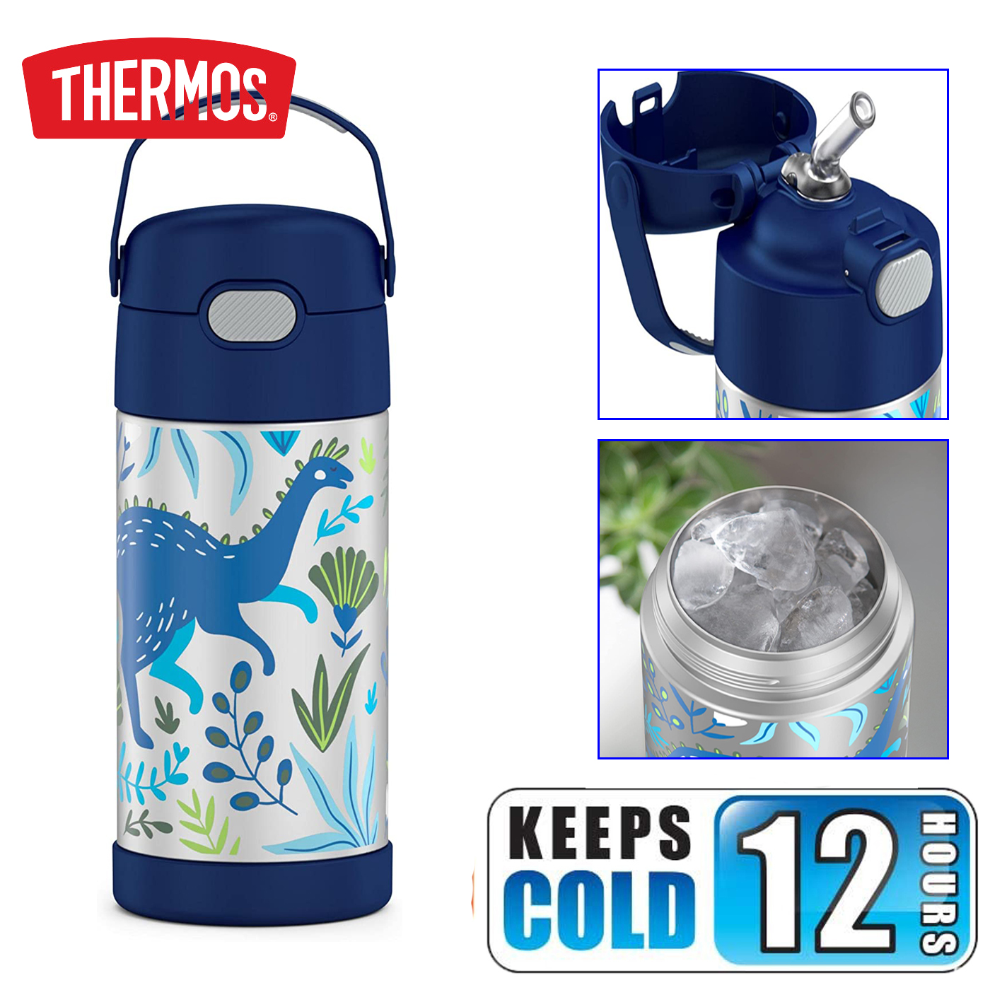 กระติกดูดน้ำแตนเลสหุ้มฉนวนสุญญากาศยี่ห้อ Thermos ของแท้ขนาด 12 ออนซ์ ลาย Dinosaur Kingdom ราคา 990 - บาท