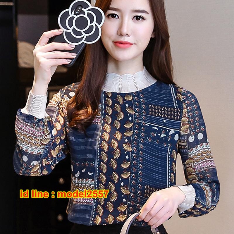 เสื้อแฟชั่นผ้าชีฟองเกาหลีฤดูร้อนคอสูงลายวินเทจย้อนยุค UM6103004 ตัว