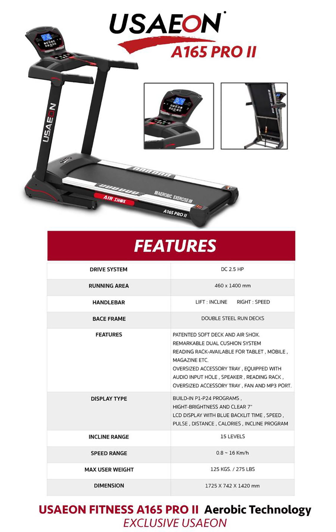 ลู่วิ่งไฟฟ้า USAeon รุ่น A165ProII Treadmill USA