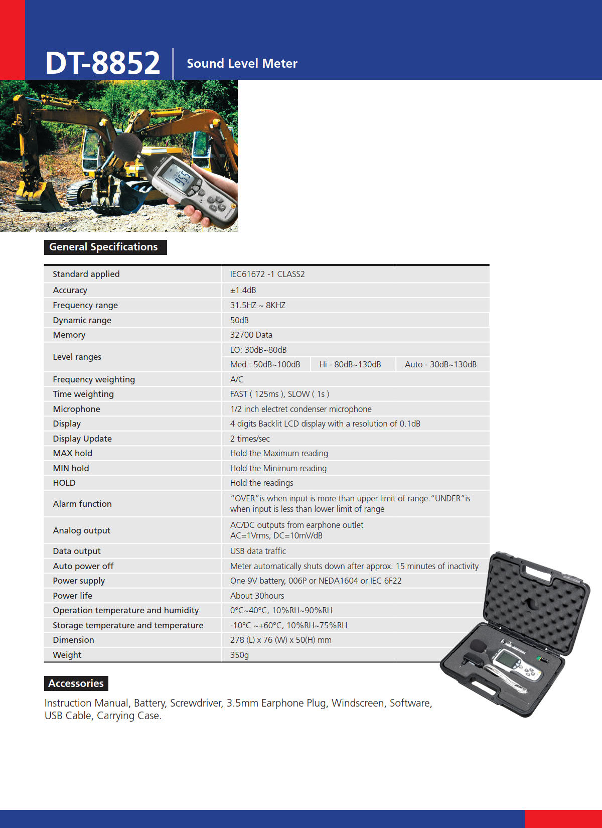 CEM รุ่นDT-8851เครื่องวัดเสียงบันทึกข้อมูลเก็บค่าที่วัดได้,Digital Sound Level Meter Class-2,Freq.range:31.5Hz~8KHz.