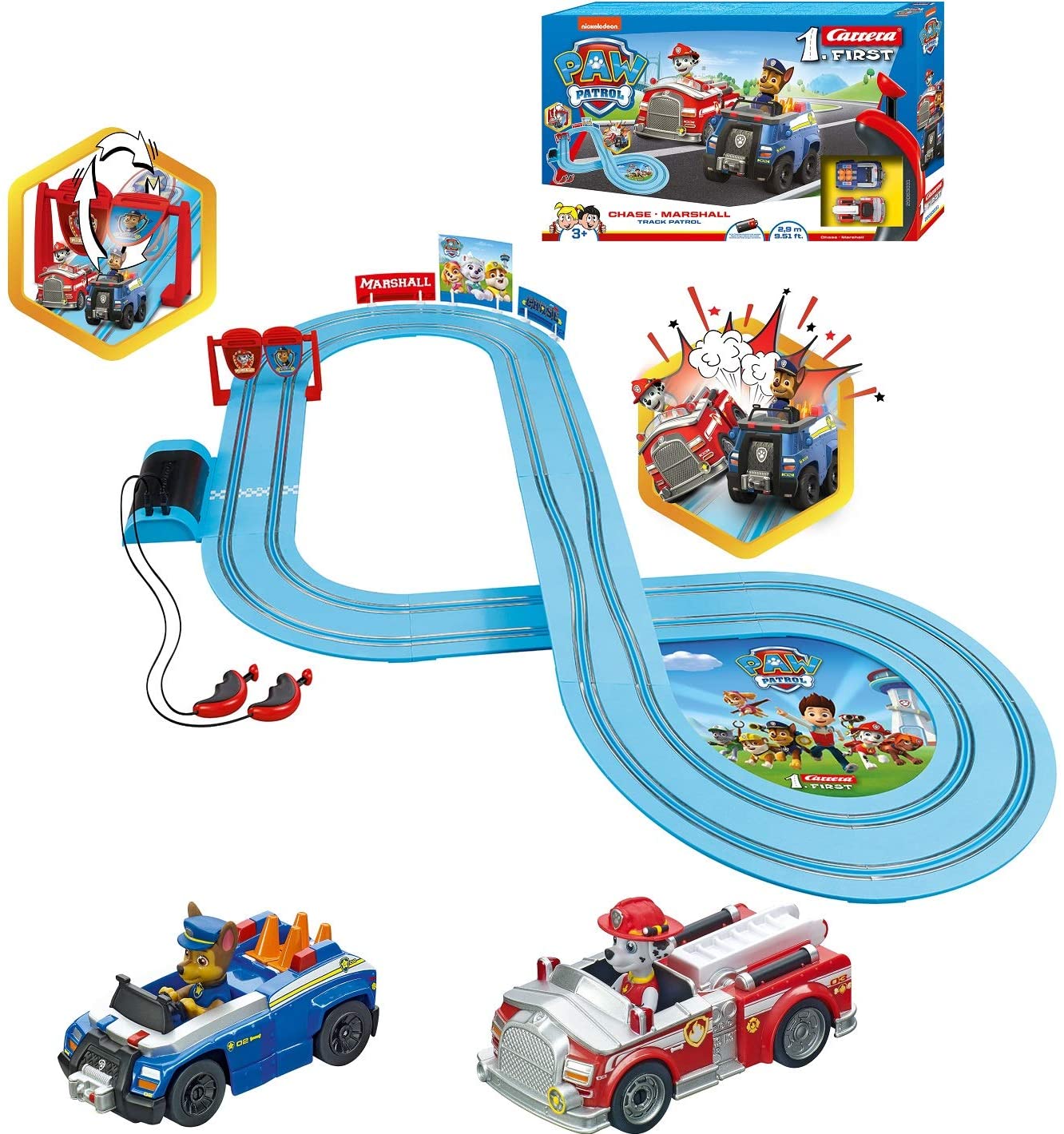 แทร็คแข่งรถสล็อต รีโมทบังคับ Carrera First Paw Patrol - Slot Car Race Track - Includes 2 Cars: Chase and Marshall