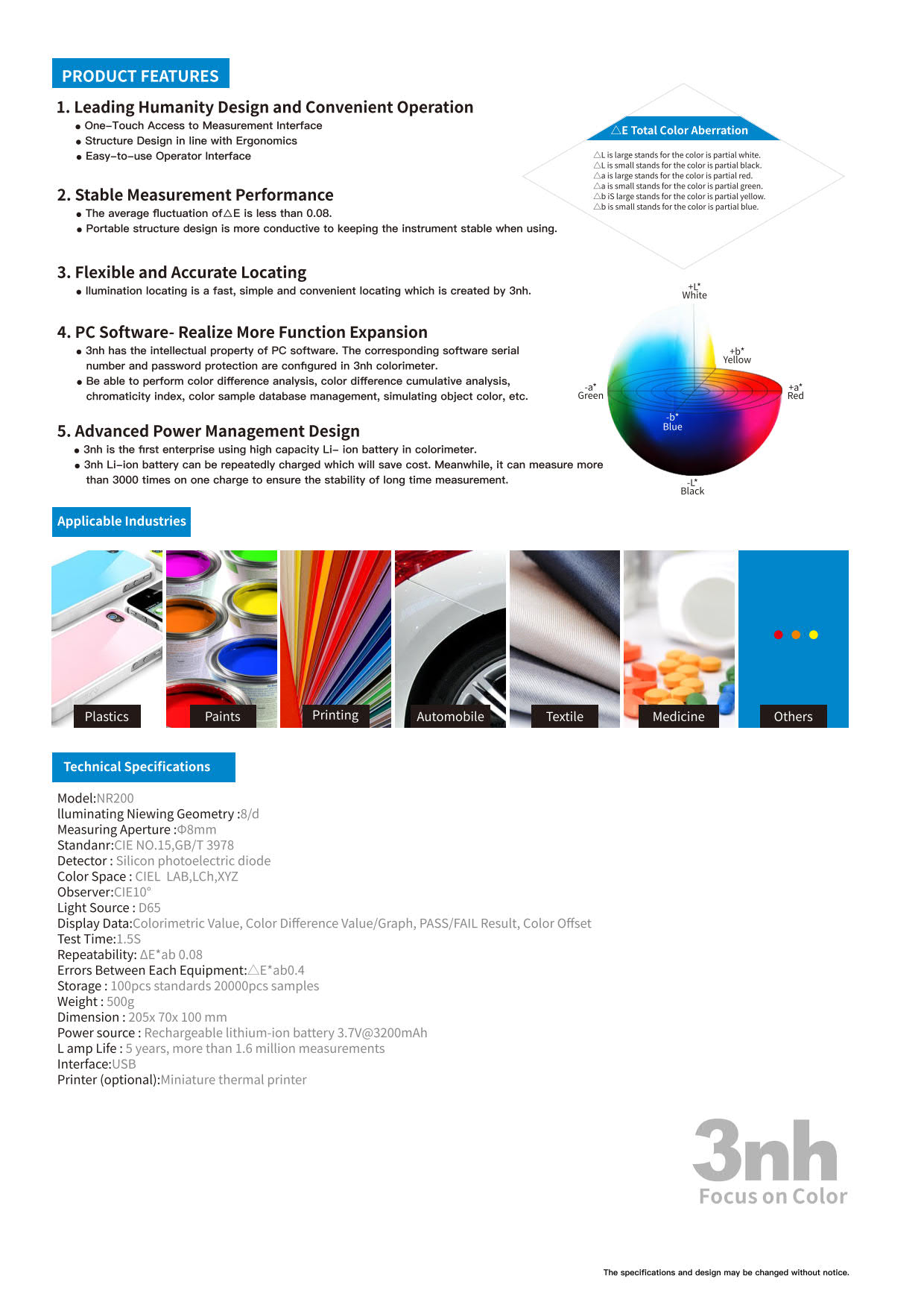 3nh รุ่นNR-200เครื่องวัดค่าสีความแม่นยำและคุณภาพสูงมีฟังชั่นเชื่อมข้อมูล(USB/Port)High-Quality Colorimeter/Geometry:8/D,Aperture:Ø8mm(Humidity0～85%)