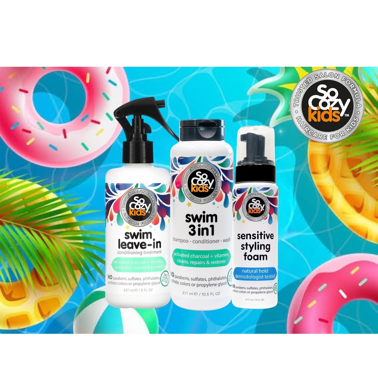 นำเข้า🇺🇸 ทรีทเม้นท์บำรุงผมเด็ก จากคลอรีนและน้ำเค็ม SoCozy Swim Spray | Leave-In Treatment & Conditioner | For Kids Hair | Protects and Repairs Pool/Sun/Salt Damage | 8 fl oz | No Parabens, Sulfates, Synthetic Colors or Dyes, White ราคา 640