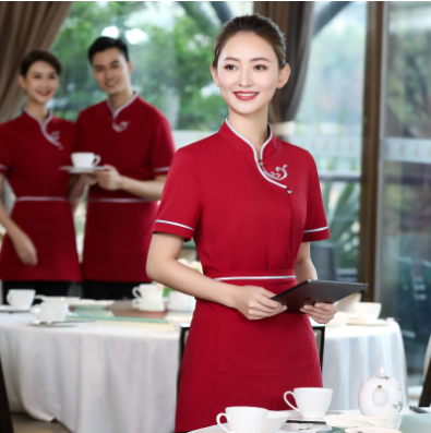 เสื้อฟอร์มพนักงานร้านอาหารกาแฟโรงแรม แขนสั้น ดำ ขาว แดง L-4XL F6705007 เสื้อ+กันเปื้อน ** ขั้นต่ำ 2 ตัว