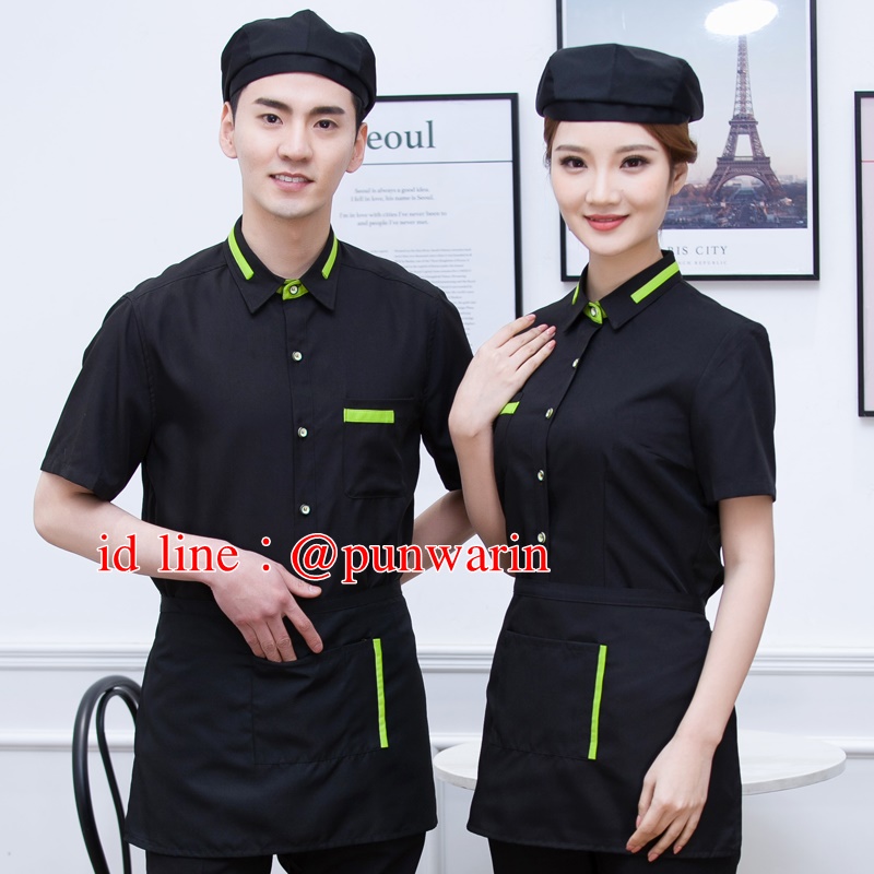 เสื้อพนักงานต้อนรับ เสื้อพนักงานเสริฟเสื้อพนักงานร้านอาหาร เสื้อพนักงานร้านกาแฟ ดำ,แดง เขียว ส้ม M-4XL ด6212012 เสื้อ+กันเปื้อน