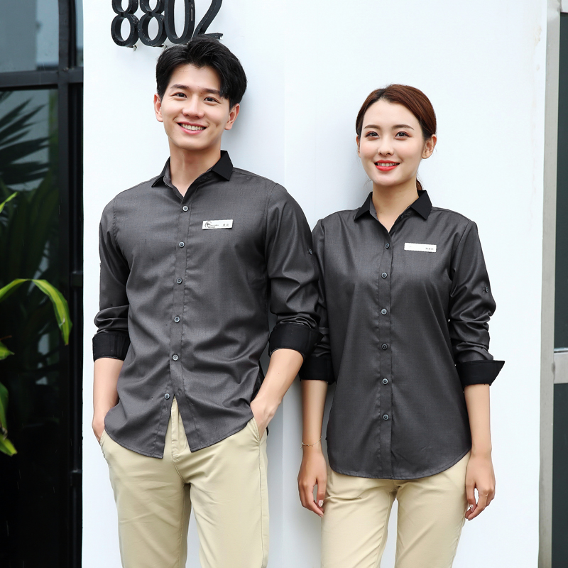 เสื้อพนักงานต้อนรับ เสื้อพนักงานเสริฟ เสื้อพนักงานโรงแรม เสื้อพนักงานร้านอาหาร เสื้อพนักงานร้านกาแฟ เทา ขาว กรมท่า M-4XL FR6401001 เสื้อ+กันเปื้อนครึ่งตัว