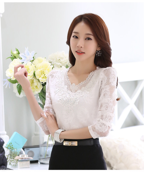RP5911044 เสื้อลูกไม้เกาหลีสวยหวาน คอวีแขนยาว (พรีออเดอร์) RP5911044 ตัว