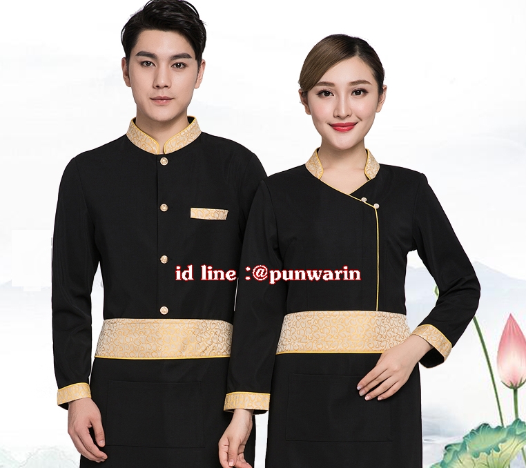 เสื้อฟอร์มพนักงานเครื่องแบบชุดฟอร์มพนักงานร้านอาหารกาแฟโรงแรม แขนยาวผ้าฝ้ายกระดุมหน้า แดง ดำ ม่วง M-3XL F6211002 เสื้อ+ผ้ากันเปื้อน