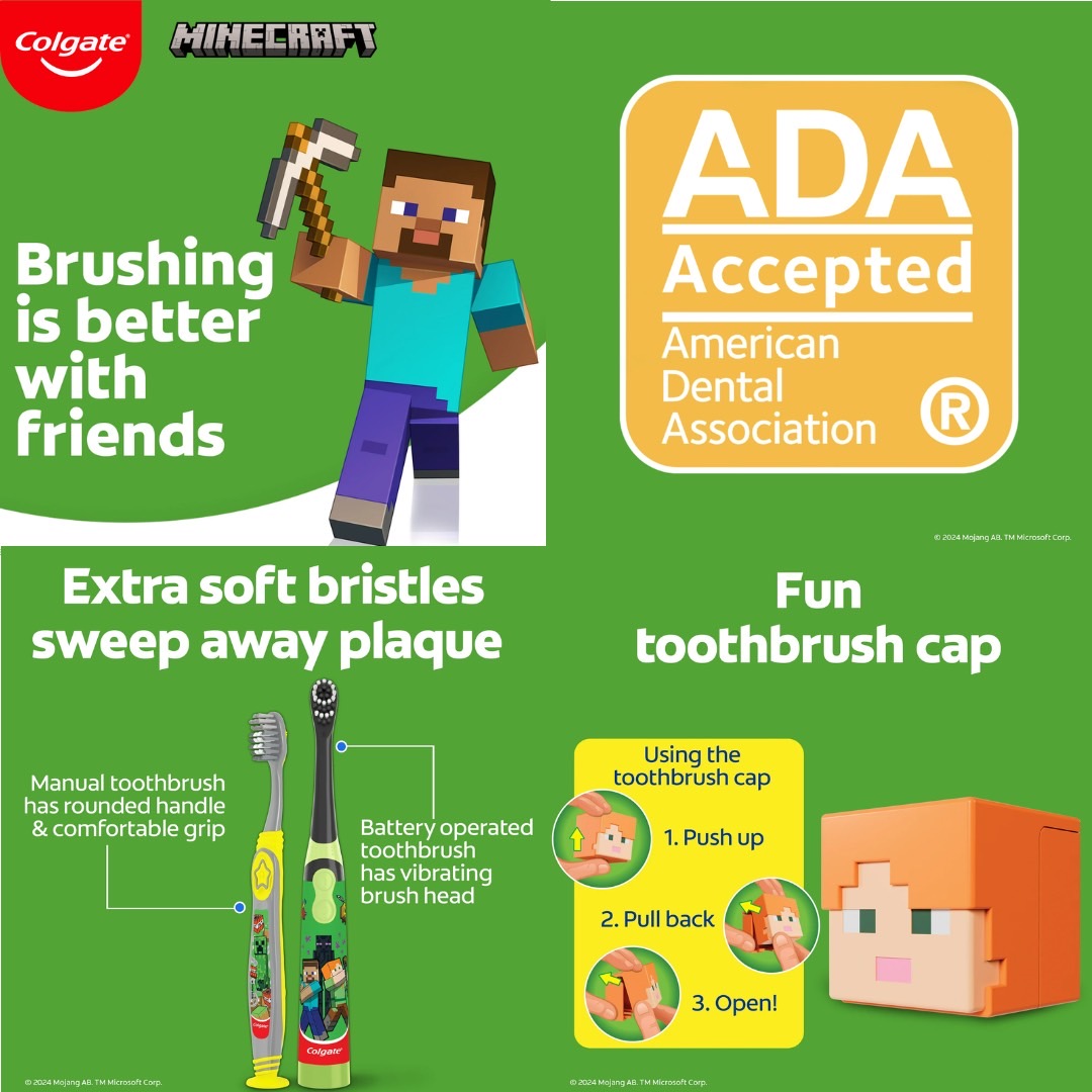 นำเข้า 🇺🇸 Colgate Kids Toothbrush Set Minecraft Gift Set - ชุดแปรงสีฟันเด็กคอลเกตไมน์คราฟต์รสมิ้นต์ ราคา 990 บาท/เซท