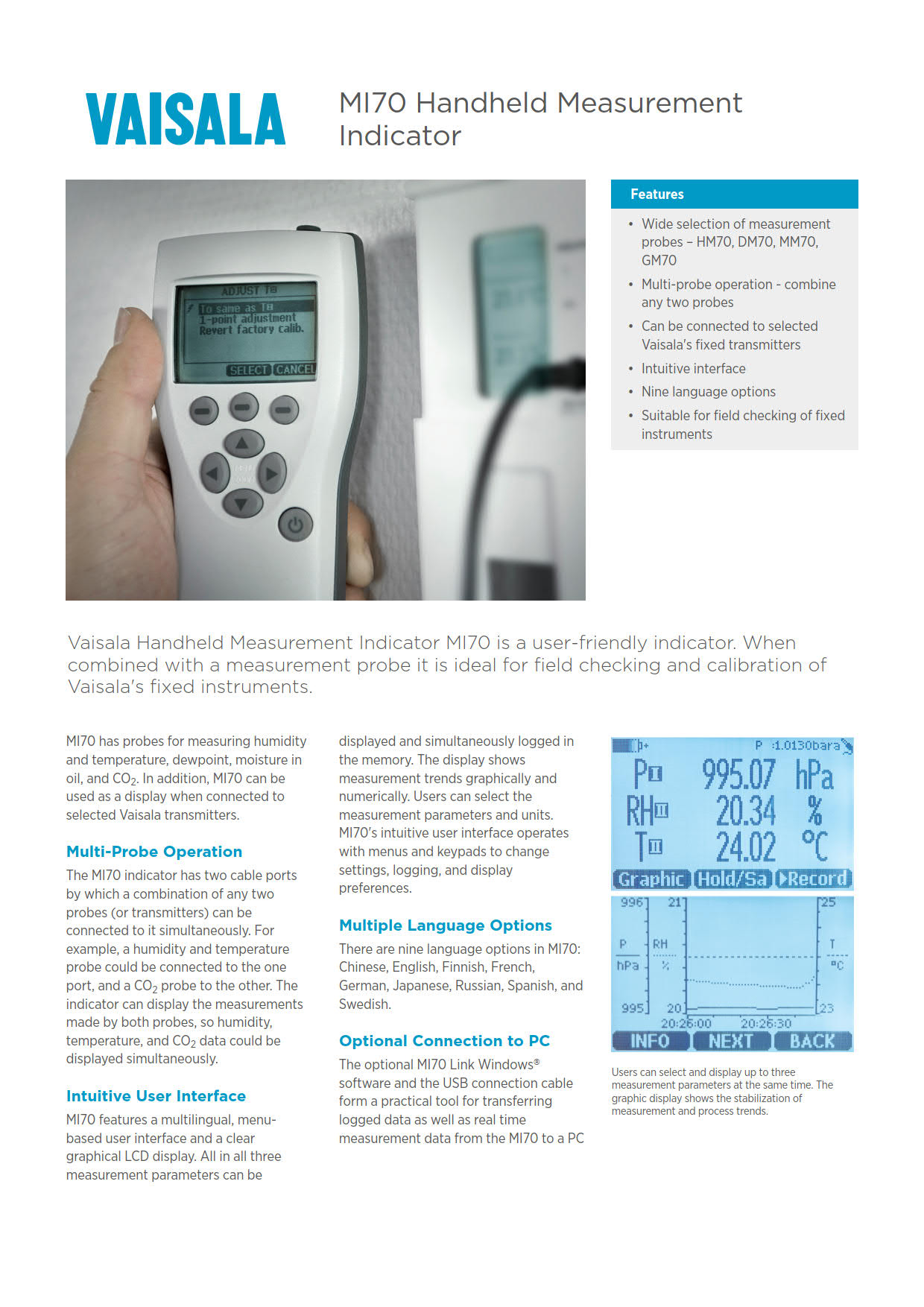Vaisala รุ่นMI-70เครื่องวัดอุณหภูมิและความชื้น,Hand-Held Measurement Indicator(Meter Only)Temp.range:10°~40°C