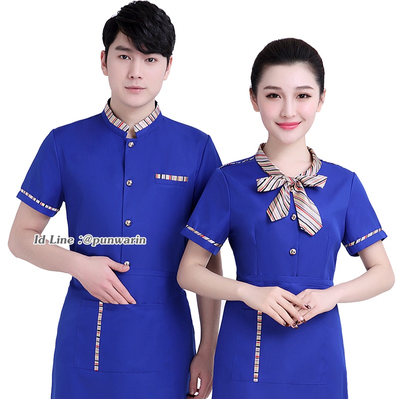 เสื้อพนักงานต้อนรับพนักงานเสริฟเสื้อพนักงานโรงแรมนรีสอร์ทเสื้อเชิ๊ตคอปกแขนสั้น ดำ แดง น้ำเงิน M-3XL F6309003 เสื้อ+เปื้อน