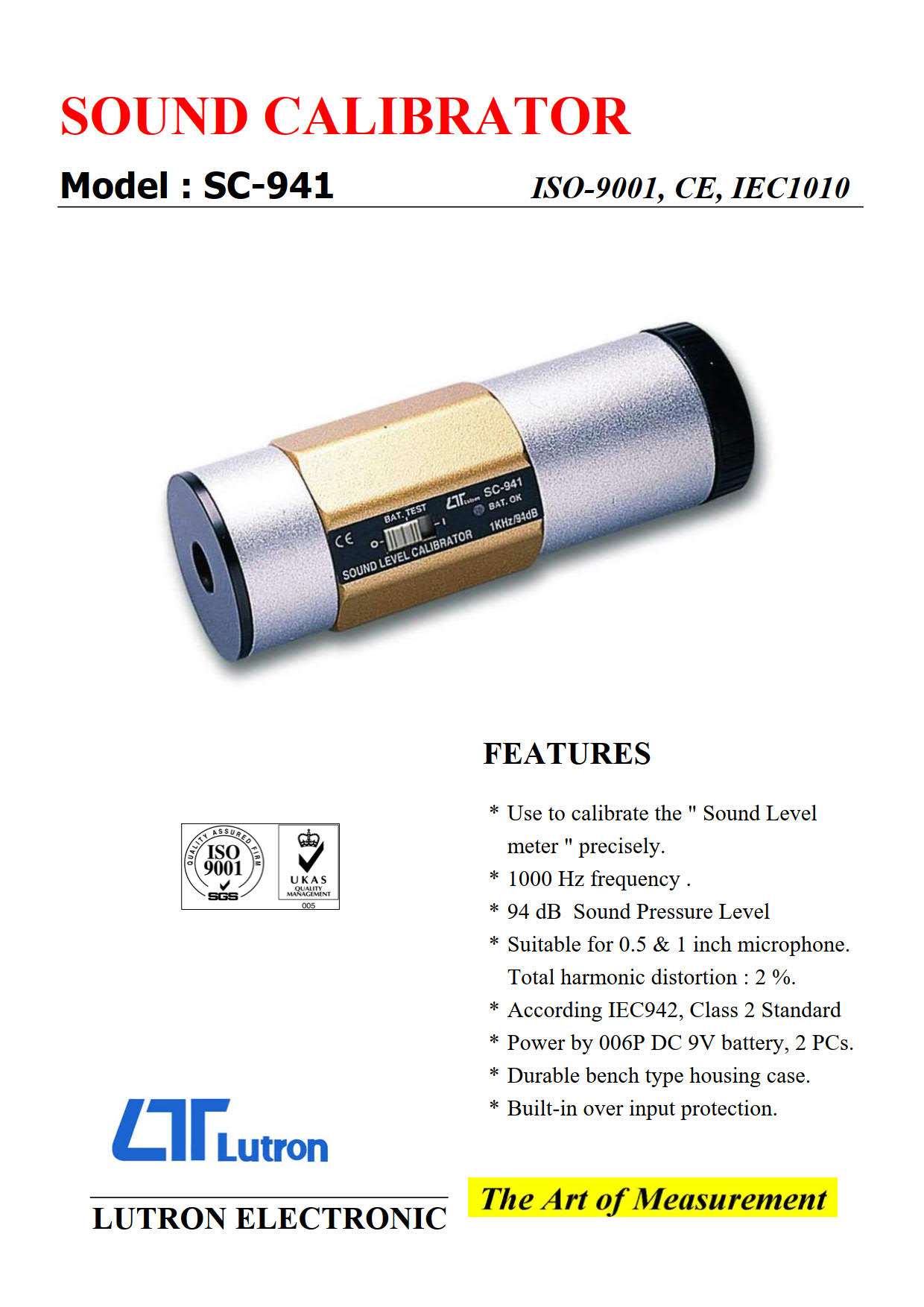 Lutron รุ่น SC-942 อุปกรณ์สอบเทียบสำหรับเครื่องวัดเสียงSound Calibrator(94dB and 114dB/1000Hz)LutronSC-942