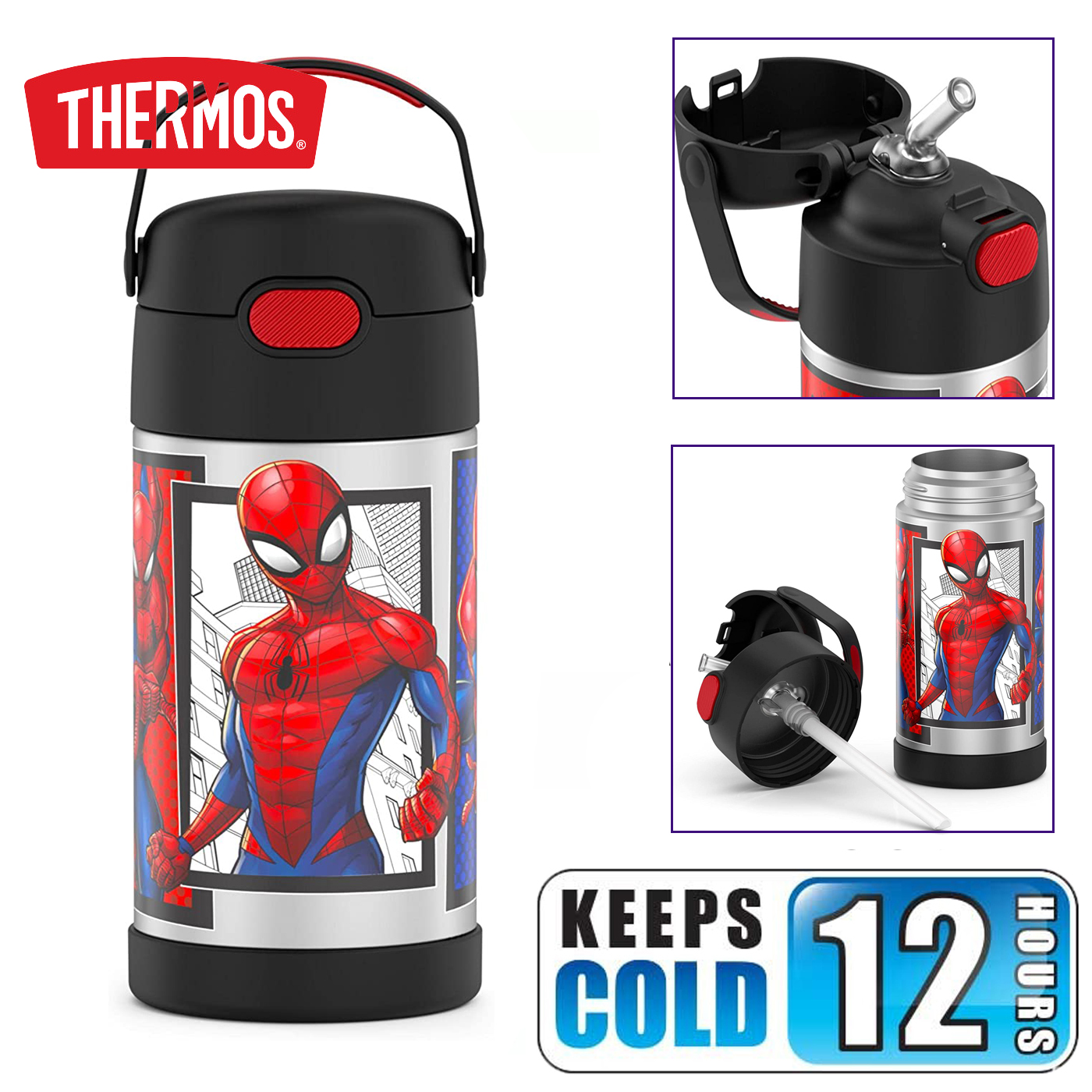 กระติกดูดน้ำแตนเลสหุ้มฉนวนสุญญากาศยี่ห้อ Thermos ของแท้ขนาด 12 ออนซ์ ลาย Spider-Man 2 ราคา 990 - บาท