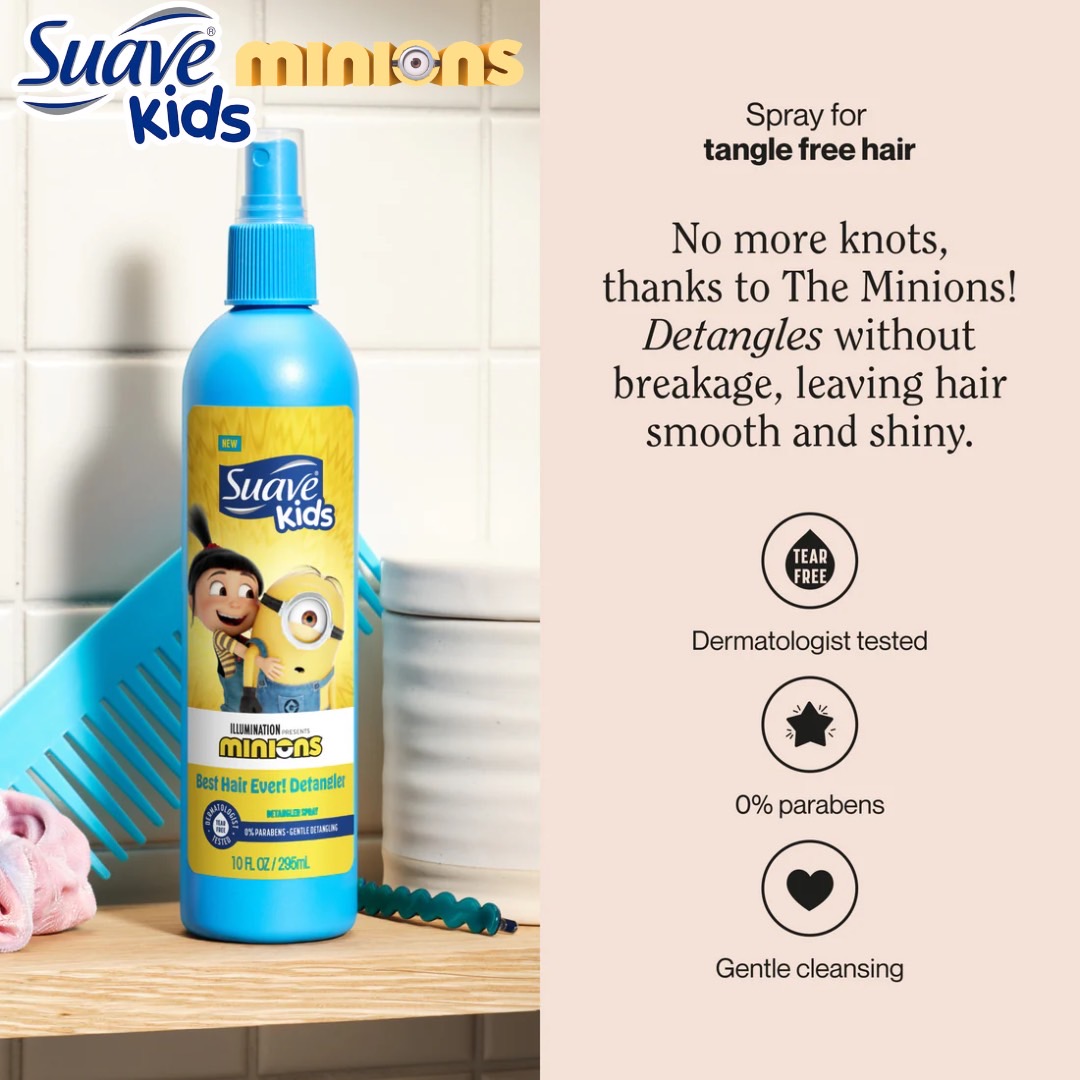 นำเข้า 🇺🇸 💛 สเปรย์หวีผม Suave Kids x Minions ผมนุ่ม หวีง่าย Best Hair Ever! Detangler Spray 10 oz (295 ml) ราคา 390 บาท