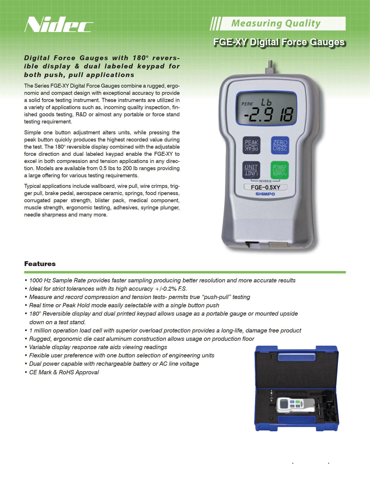 NidecShimpo รุ่นFGE-0.5XYเครื่องวัดแรงดึงแรงกดแบบดิจิตัล Capacity Digital Force Gauge,Capacity:0.5lb(200g)Accuracy:±0.2%