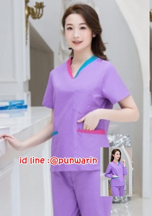 ชุดฟอร์มพนักงานสำเร็จรูป ชุดหมอผ่าตัด ชุดพยาบาลห้องผ่าตัด เอวยางยืด สีม่วงอ่อน S-2XL TK6302011 ชุด