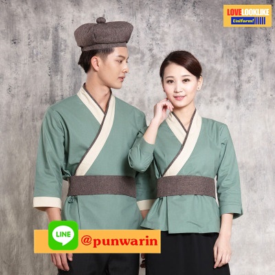 ชุดพนักงานร้านอาหารจีน ซูชิ บริกรชายและหญิง ห้องจัดเลี้ยง ร้านอาหารหม้อไฟหมาล่า เขียว แดง ดำ ฟ้า S M L XL XXL XXXL CH6607006 ตัว