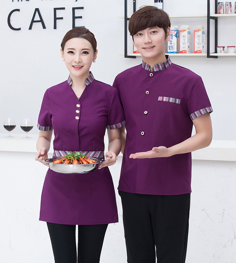 F6011012 เครื่องแบบชุดฟอร์มพนักงานร้านอาหารกาแฟโรงแรม แขนสั้นผ้าฝ้ายกระดุมหน้า (พรีออเดอร์) รอสินค้า 3 อาทิตย์หลังโอน F6011012 ตัว