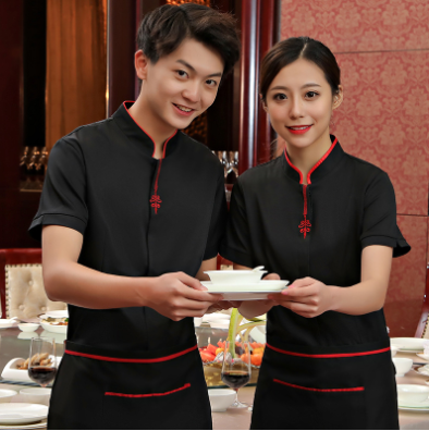 เสื้อฟอร์มพนักงานร้านอาหารกาแฟโรงแรม แขนสั้น แดง ดำ L-4XL F6705011 เสื้อ+กันเปื้อน ** ขั้นต่ำ 2 ตัว