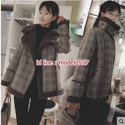 CW6107003 เสื้อโค้ทลายสก็อตสีน้ำตาลแต่งขนสัตว์อบอุ่นมาก (พรีออเดอร์) น้ำตาลเข้ม XS S M L XL XXL CW6107003 ตัว