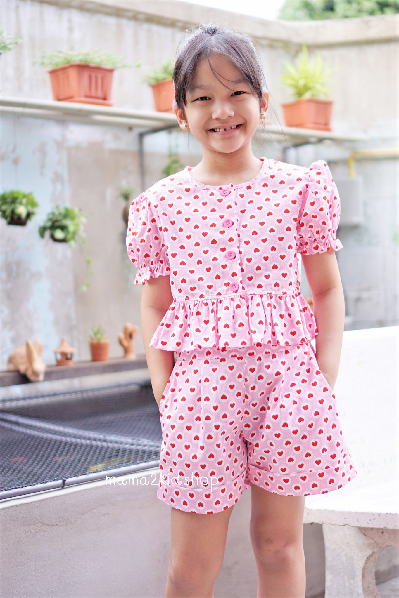 ชุดเซตเสื้อ+กางเกงลายหัวใจสีชมพู