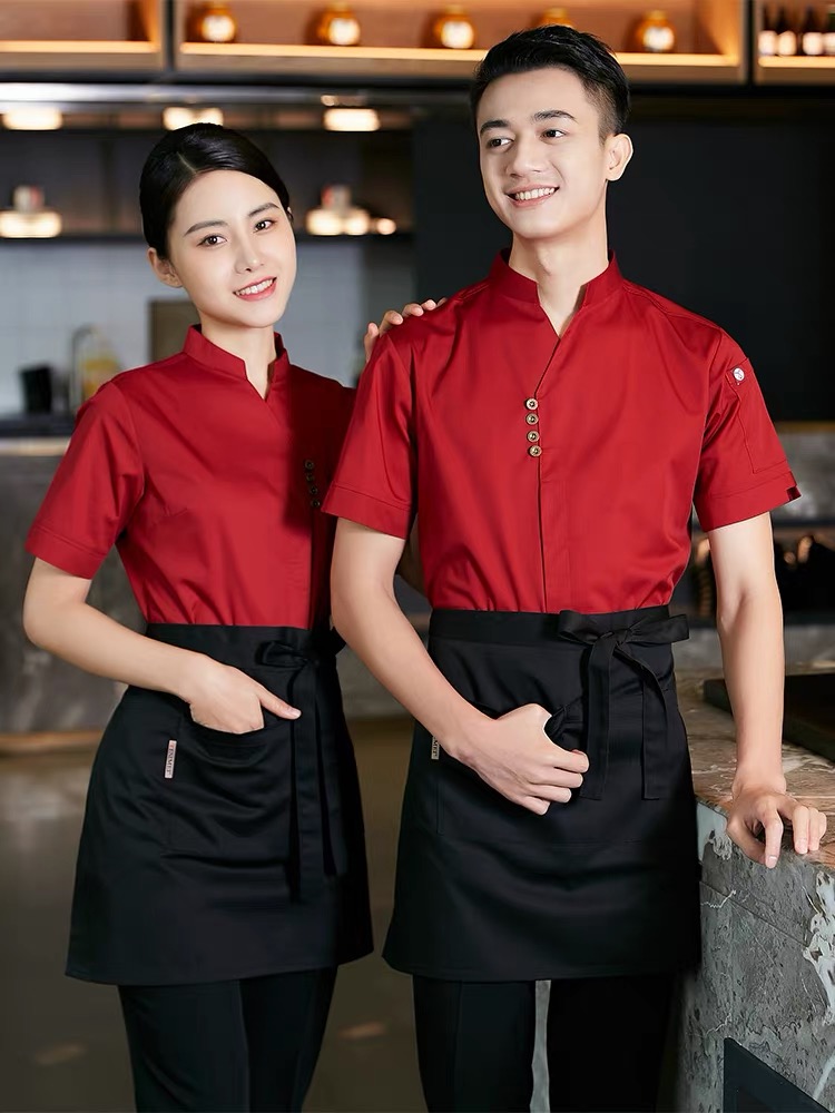 เสื้อฟอร์มพนักงานร้านอาหารกาแฟโรงแรม แขนสั้น ดำ แดง เบจ S-4XL F6809001 เสื้อ+เปื้อน* ขั้นต่ำ 2 ตัว