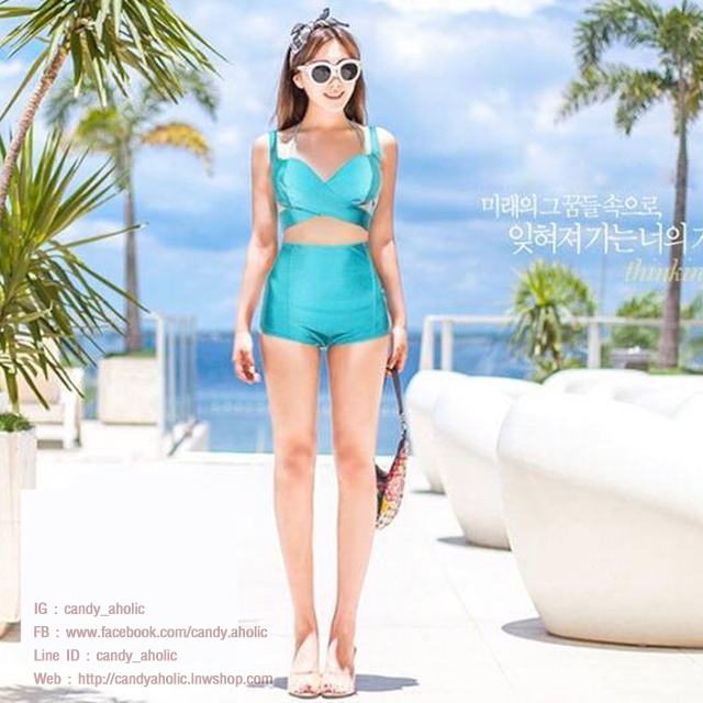 [Size S,M] Over Cross (สีเขียว เทอร์คอยซ์) ชุดว่ายน้ำ ทูพีทแนววินเทจ บราไขว้หน้า กางเกงเอวสูง