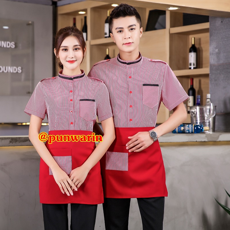 เสื้อฟอร์มพนักงานร้านอาหารกาแฟโรงแรม แขนสั้น ดำ,เขียว,แดง L,XL,XXL,3XL,4XL F6105001 ตัว