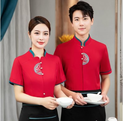 เสื้อฟอร์มพนักงานร้านอาหารกาแฟโรงแรม แขนสั้น แดง ดำ ม่วง L-4XL F6705022 เสื้อ ** ขั้นต่ำ 2 ตัว