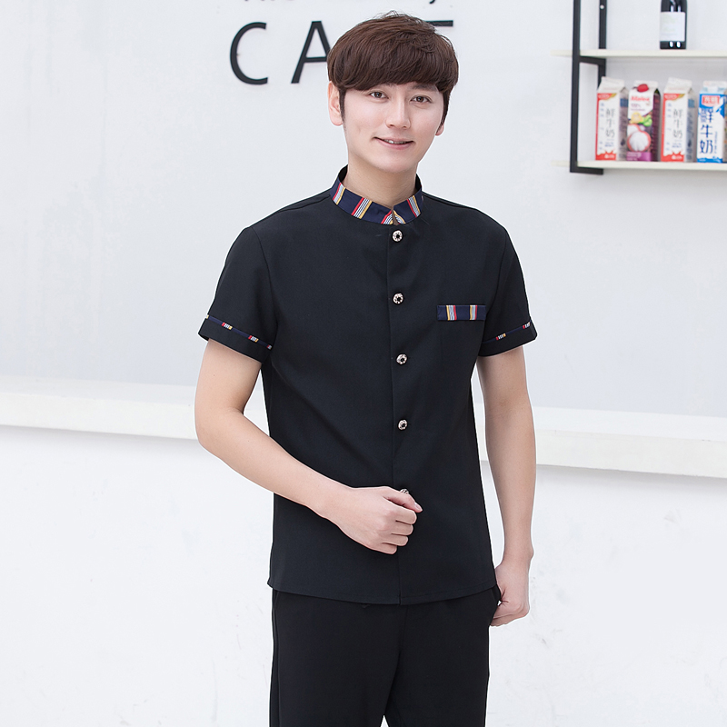 เครื่องแบบชุดฟอร์มพนักงานร้านอาหารกาแฟโรงแรมแขนสั้นกระดุมหน้าคอปกผูกโบว์ไทด์ แดง ม่วง ดำ L-3XL F6011010 เสื้อ+กันเปื้อนตามภาพ