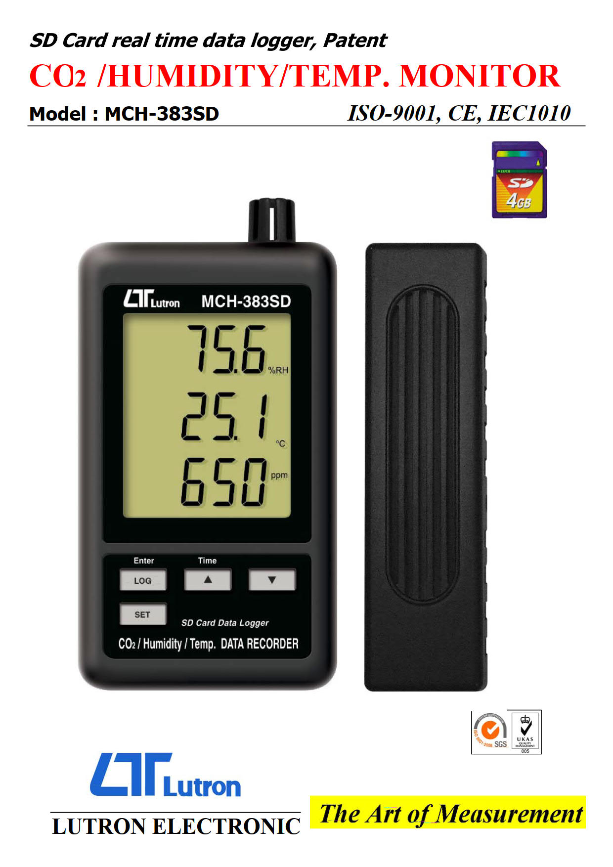 Lutron รุ่นMCH-383SDเครื่องวัดก๊าซคาร์บอนไดออกไซด์แบบบันทึกค่าได้,3-1 Air Quality Monitor CO2,humidity,Temperature meter with DataLogging