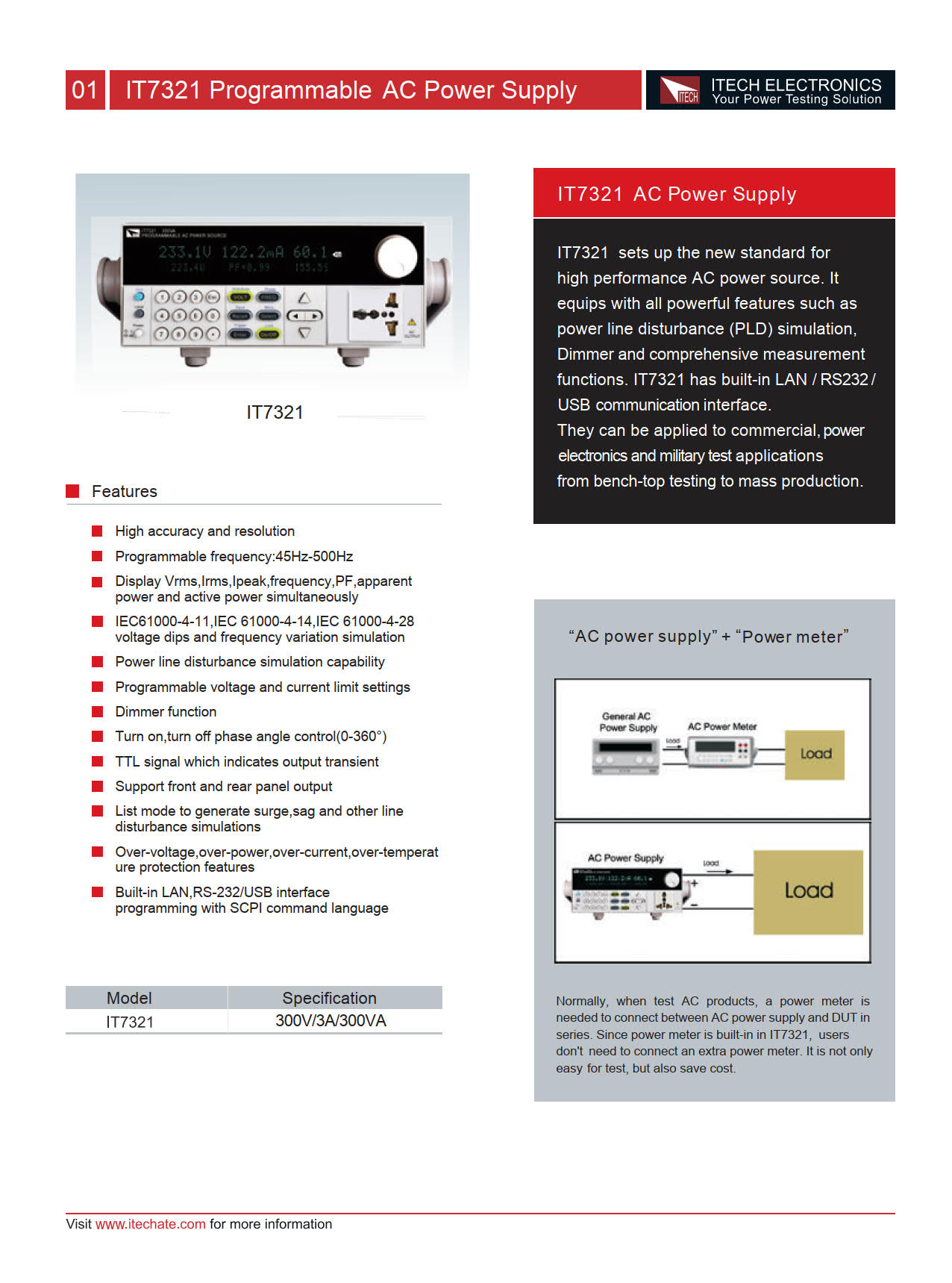 Itech รุ่นIT-7321เครื่องจ่ายไฟกระแสตรงที่มีฟังชั่นสามารถโปรแกรมค่าได้(300V/3A/300VA)Programmable AC Power Supply Frequency/45HZ～500HZ