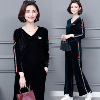UP6109002 เสื้อชุดสองชิ้นกางเกงกำมะหยี่คอกลมสีดำและเขียว ดำ เขียว M-5XL UP6109002 ตัว