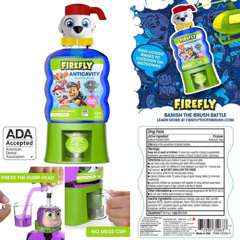 น้ำยาบ้วนปากเด็ก Paw Patrol Lightyear รสบับเบิ้ลกัม Made in USA 🇺🇸 Firefly Pump Rinse 16 Ounce ราคา 590 บาท