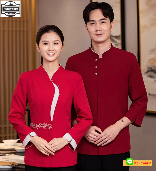 ชุดพนักงานร้านอาหารร้านกาแฟโรงแรมรีสอร์ต แขนสั้น น้ำเงิน แดง เขียวอ่อน L-4XL FC6701003 เสื้อ **ไม่มีขั้นต่ำ