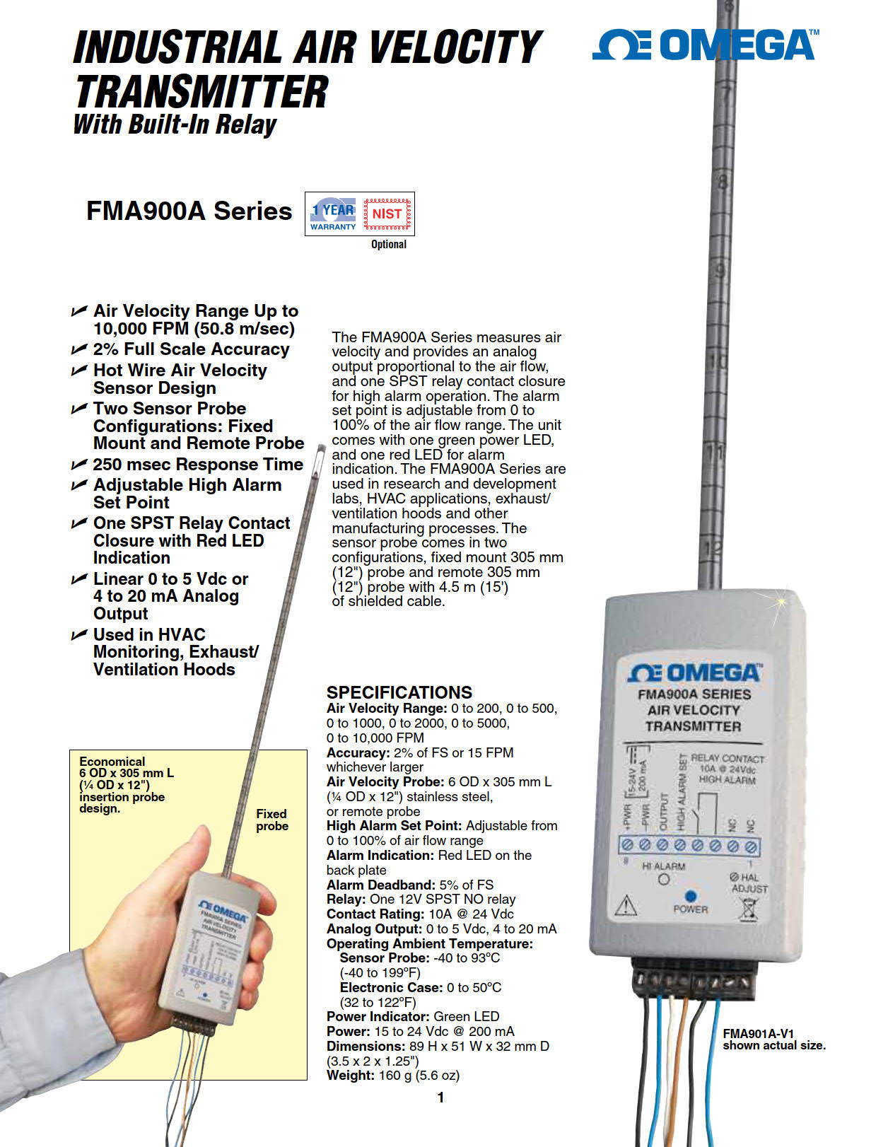 Omega รุ่นFMA900Aอุปกรณ์ส่งสัญญาณความเร็วลมพร้อมรีเลย์ในตัวIndustrial Air Velocity Transmitter with Built-In Relay