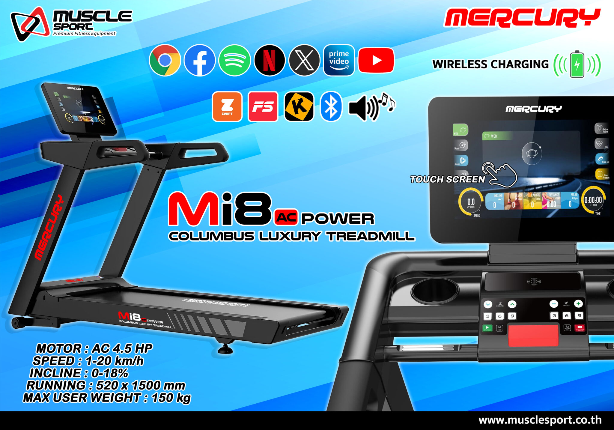 ลู่วิ่งไฟฟ้าAC Mercury Columbus MI8 จอทัชสกรีน Touch Screen 15.6นิ้ว ลู่วิ่งไฟฟ้าฟิตเนส, ลู่วิ่งไฟฟ้าราคา