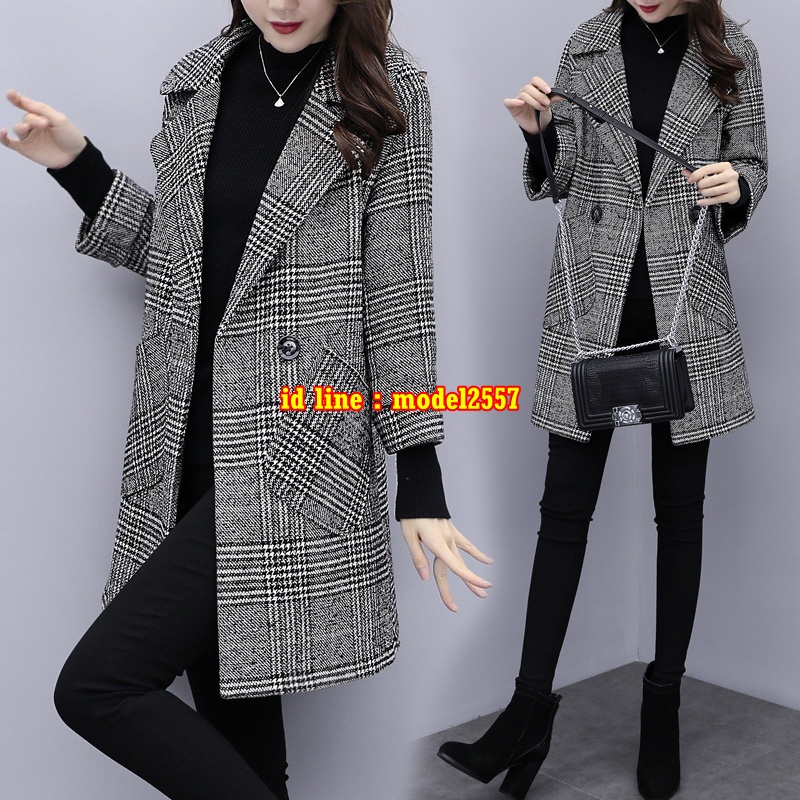 CW6110002 เสื้อโค้ทผ้าผสมขนสัตว์สีดำตัวยาวฤดูหนาว ดำ S M L XL 2XL 3XL CW6110002 ตัว