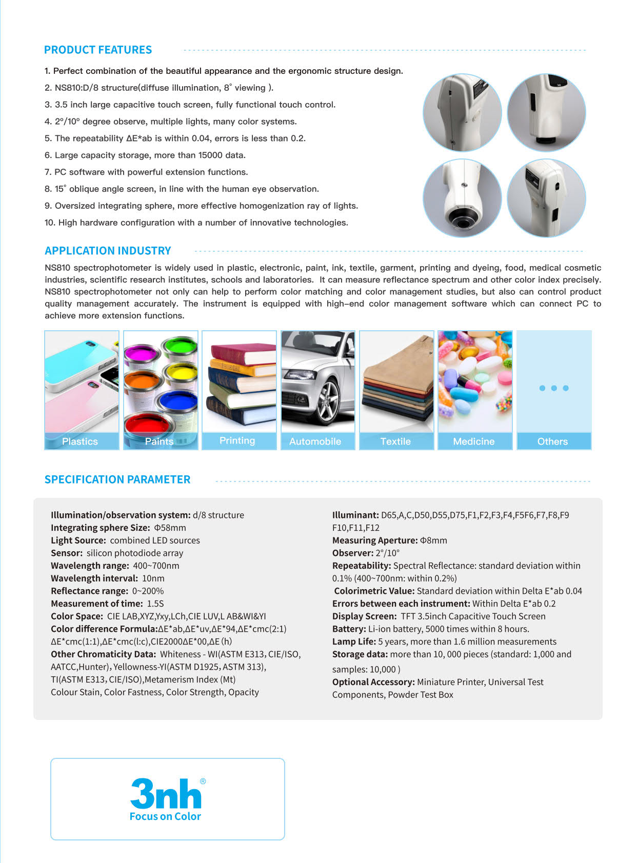 3nh รุ่นNS-810เครื่องมือวัดสีPortable Spectrophotometer/Aperture:∅8mm,Geometry:D/8(Wavelength range400～700nm)
