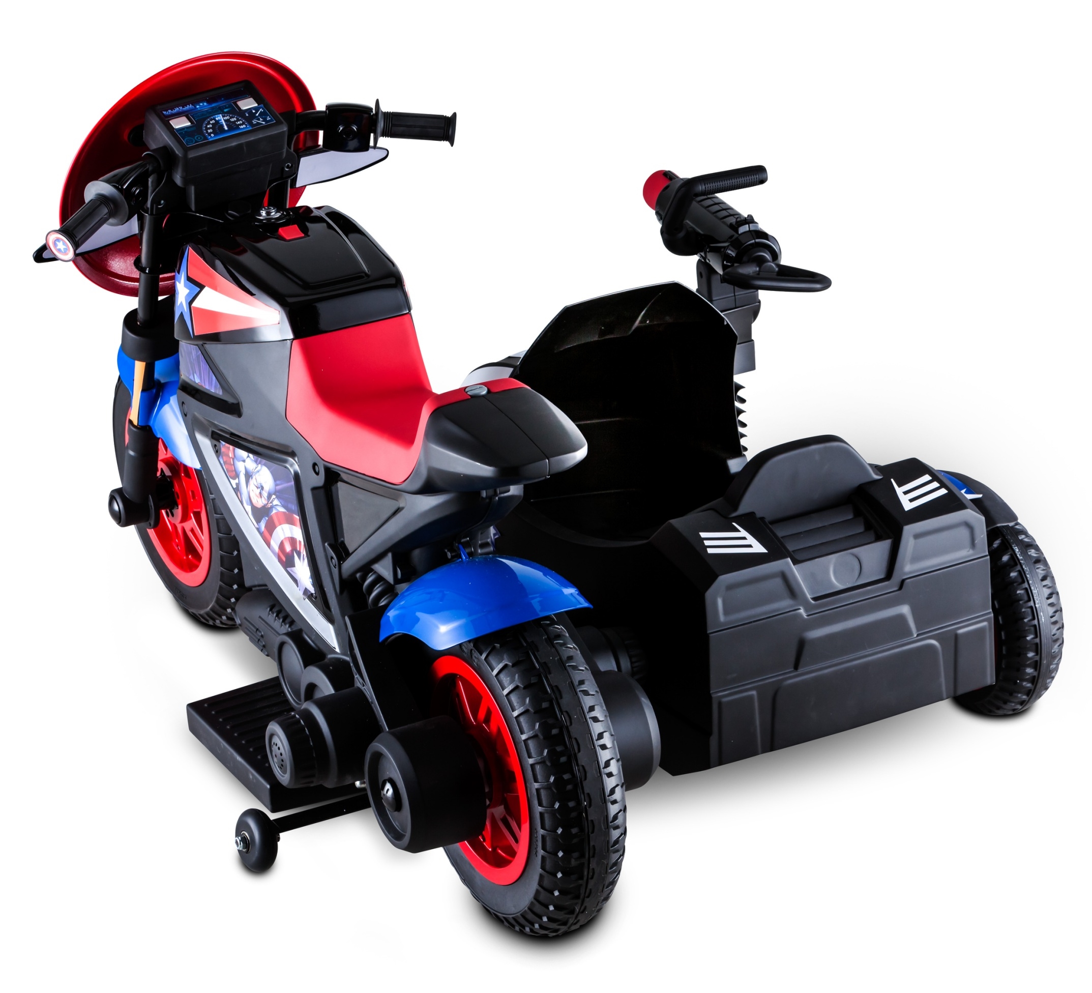 Kid Trax 12-Volt Captain America Motorcycle Ride-On รถจักรยานยนต์พ่วงข้างกัปตันอเมริกาขี่ได้ 2 คน ราคา 16,500 บาท
