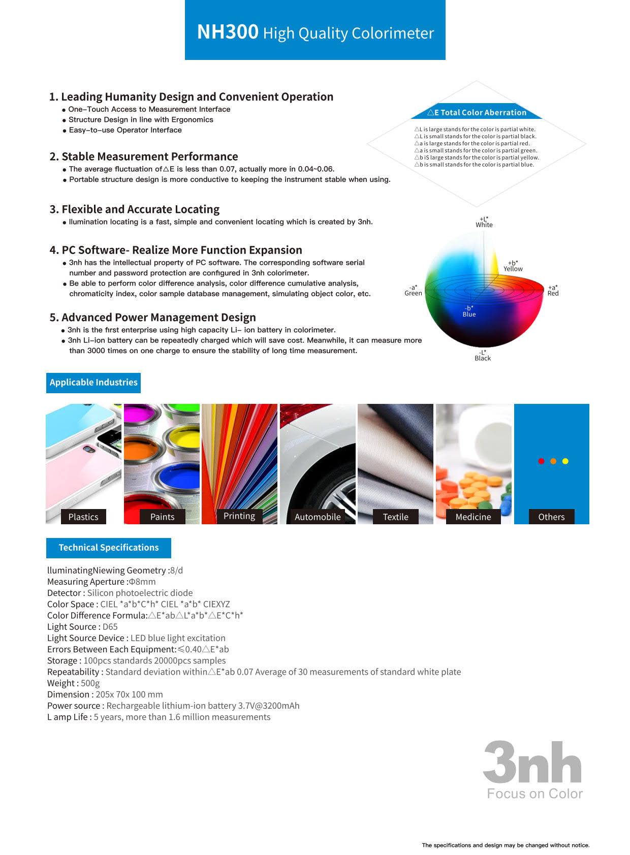 3nh รุ่นNH-300เครื่องวัดสีขนาดพกพาสะดวกPortable Colorimeter/Aperture:Ø8mm,Geometry:8/d(Storage:100～20,000)