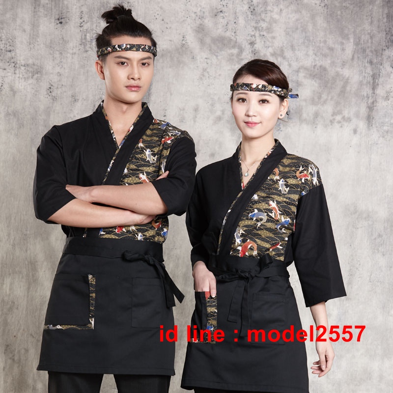 ชุดผ้าฝ้ายซูชิกิโมโนสไตร์ญี่ปุ่น สำหรับห้องอาหารญี่ปุ่นเกาหลี เสื้อพนักงานต้อนรับ F6101010 เสื้อตัวเดียว