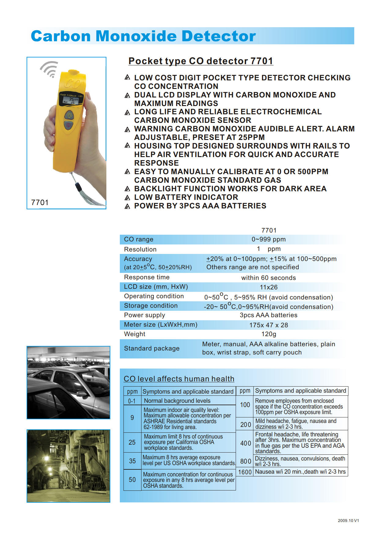 AZ Instrument รุ่นAZ-7701เครื่องวัดก๊าซคาร์บอนมอนนอกไซด์Carbon Monoxide Detector tester meter,Meas.range:0~999ppm.
