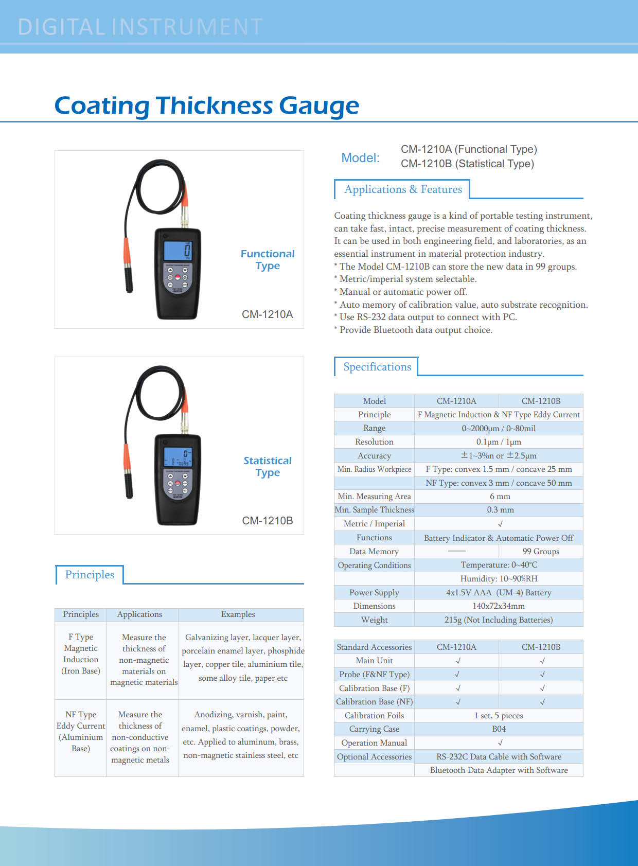 Landtek รหัส CM-1210B เครื่องวัดความหนาสีบนผิวเคลือบแบบโลหะ(F)และอโลหะ(N)มีหัวโพรบวัดในชุด,Coating thickness meter gauge F&NF,magnetic induction eddy current :0~2000μm 0~80mil