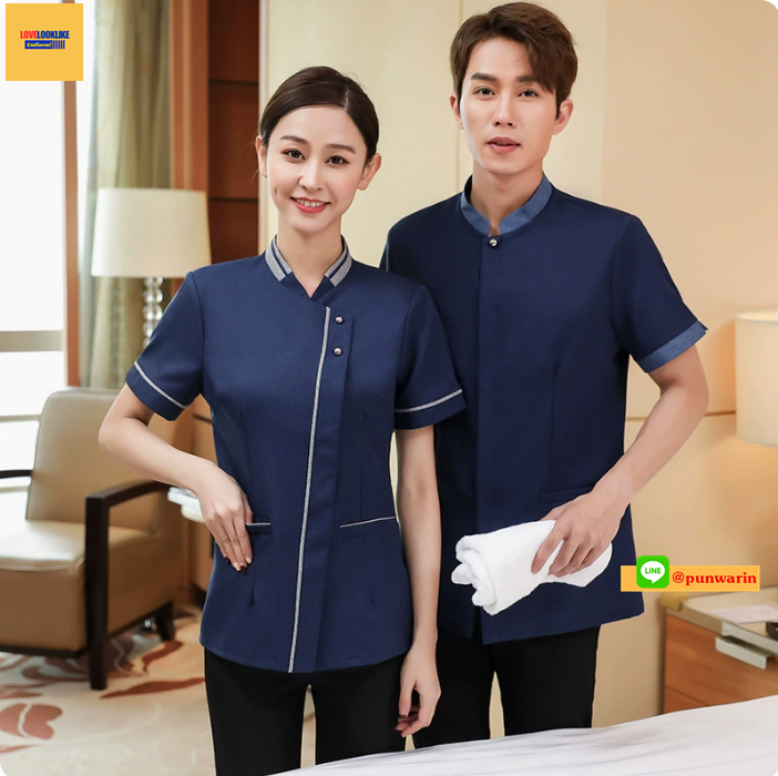 เสื้อแม่บ้าน ชุดพนักงานทำความสะอาดแขนสั้นโรงแรม รีสอร์ตร้านอาหาร ฟ้า น้ำเงิน เทา (หญิง) L-4XL D6002006 ตัว