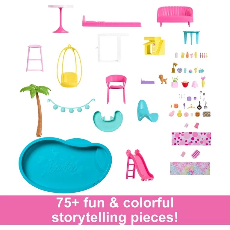นำเข้า🇺🇸 บ้านตุ๊กตาบาร์บี้แบบในหนัง Barbie Dreamhouse 2023, Pool Party Doll House with 75+ Pieces and 3-Story Slide, Barbie House Playset, Pet Elevator and Puppy Play Areas, ราคา 12,900 บาท