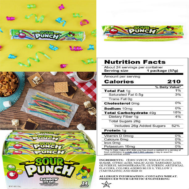 ขนม Sour Punch Straws, Rainbow Fruit Flavors 2oz ซองละ 99 บาท