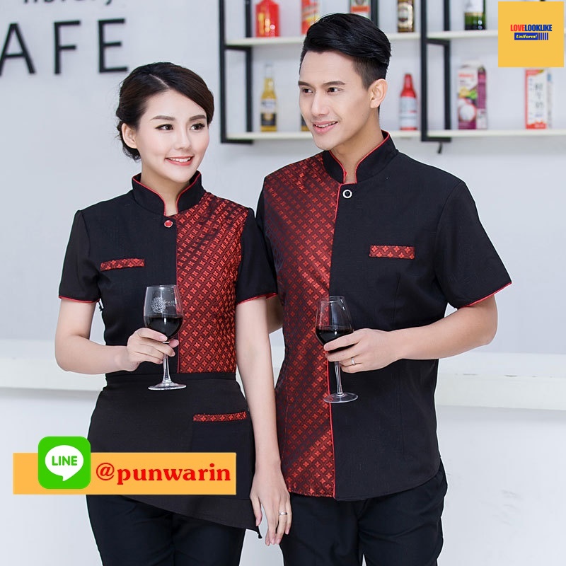 เครื่องแบบชุดฟอร์มพนักงานร้านอาหารไทย แขนสั้น ผ้าฝ้าย กระดุมหน้า ดำ แดง L-3XL F6011020 เสื้อ+เปื้อนตามแบบ