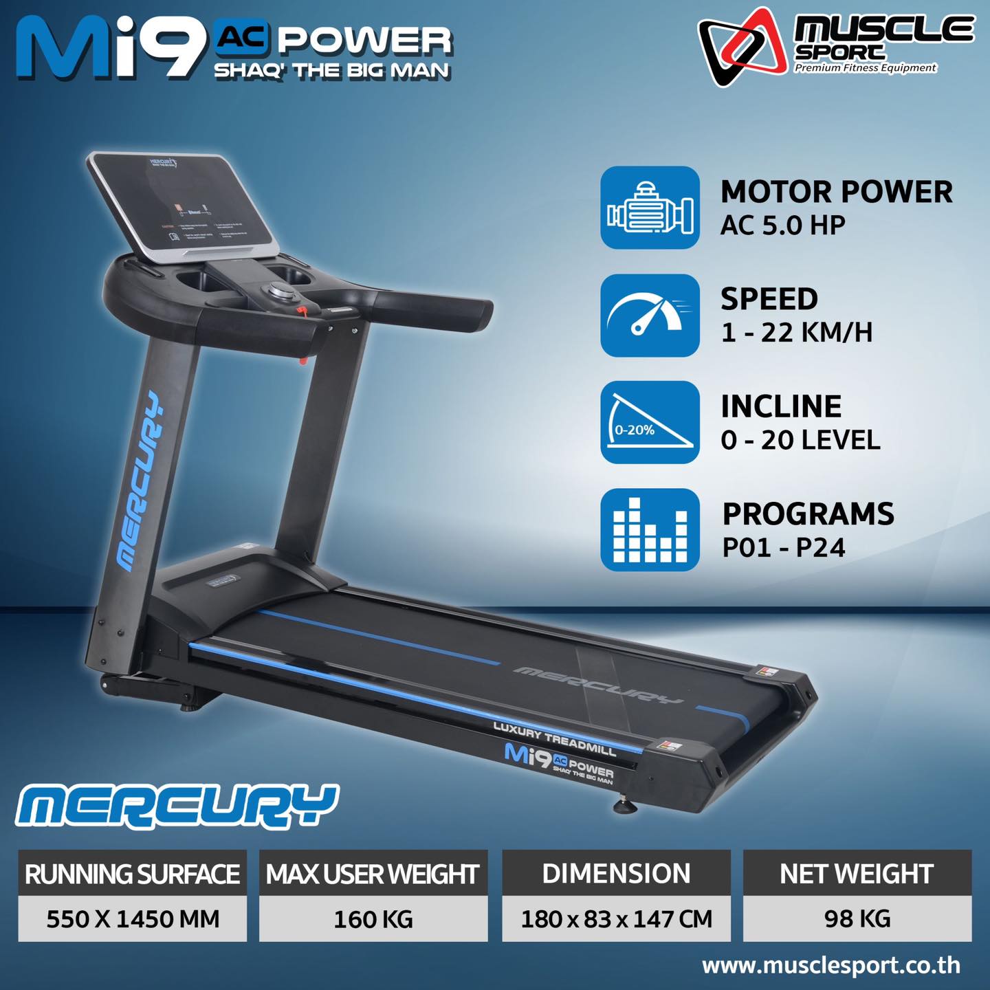 ลู่วิ่งไฟฟ้าAC Mercury Columbus Mi9 ลู่วิ่งไฟฟ้าฟิตเนส, ลู่วิ่งไฟฟ้าราคา