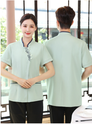 เสื้อฟอร์มพนักงานร้านอาหารกาแฟโรงแรม แขนสั้น แดง น้ำเงิน เขียว L-6XL F6705008 เสื้อ+กันเปื้อน ** ขั้นต่ำ 2 ตัว